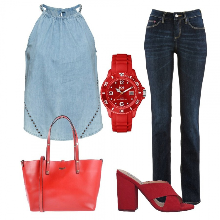 Outfit donna - Rosso di sera. Stile Trendy per Scuola/Università. Abbinamento con jeans dritti, bluse, sandali con tacco, borse a mano, orologi.