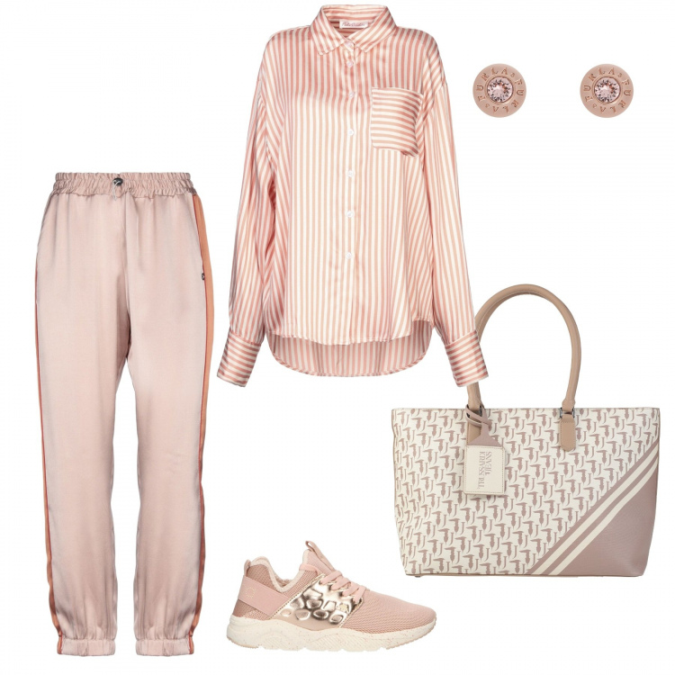 Outfit donna - Monday Style. Stile Basic per Ufficio. Abbinamento con pantalone lungo, borse a mano, camicie, orecchini, sneakers.