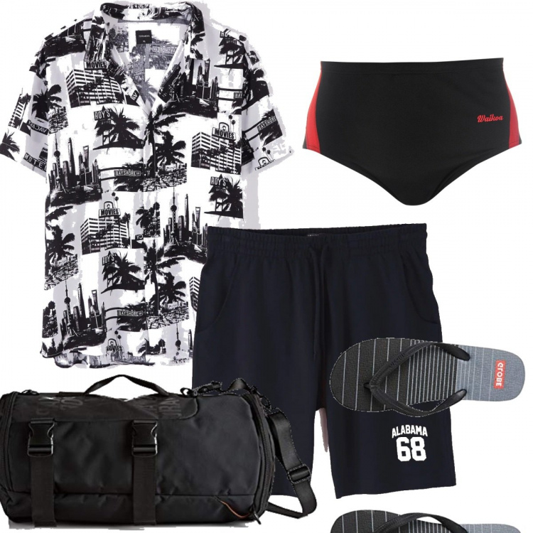 Outfit uomo - In piscina da te. Stile Casual per Mare. Abbinamento con camicie a manica corta, bermuda, sandali, borsa a spalla, costume.