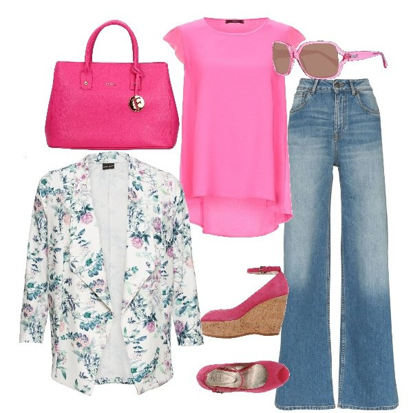 Outfit donna - Lunedì informale e colorato. Stile Trendy per Tutti i giorni. Abbinamento con blazer, décolleté, blusa, borsa a mano, jeans, occhiali da sole.