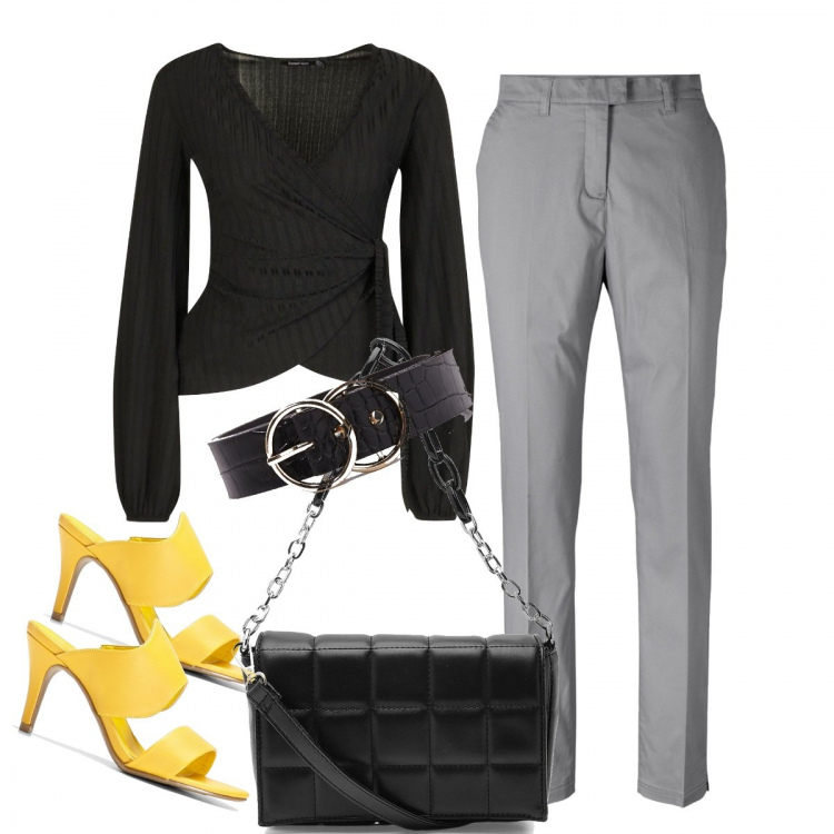 Outfit donna - Mules giallo solare. Stile Trendy per Tutti i giorni. Abbinamento con vestiti chemisier, sandali col tacco, cinture, top, borsa a tracolla.