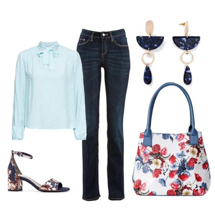 Outfit donna - Bon Ton #13364. Stile Bon Ton Abbinamento con jeans dritti, borse a mano, sandali col tacco, maglieria, orecchini.