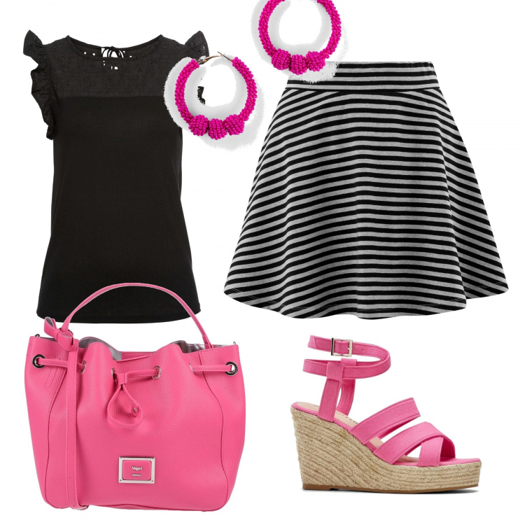 Outfit donna - Laconia. Stile Basic Abbinamento con borsa a mano, t-shirt, sandali, orecchini, gonne.