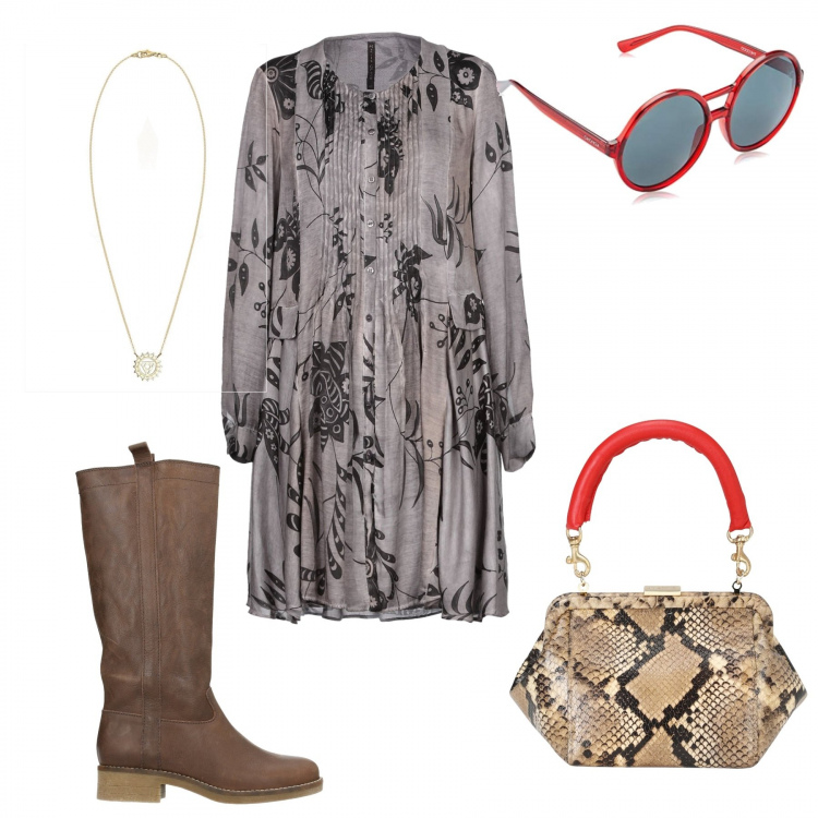 Outfit donna - Etnico #2469. Stile Etnico per Serata fuori. Abbinamento con vestiti corti, stivali, borse a mano, occhiali da sole, ciondoli.