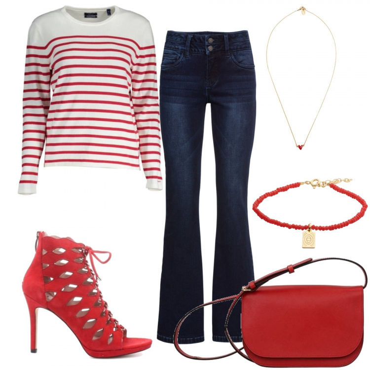 Outfit donna - Trendy in rosso. Stile Trendy per Tutti i giorni. Abbinamento con jeans bootcut, collane, braccialetti, borse a spalla, sandali col tacco, maglia.