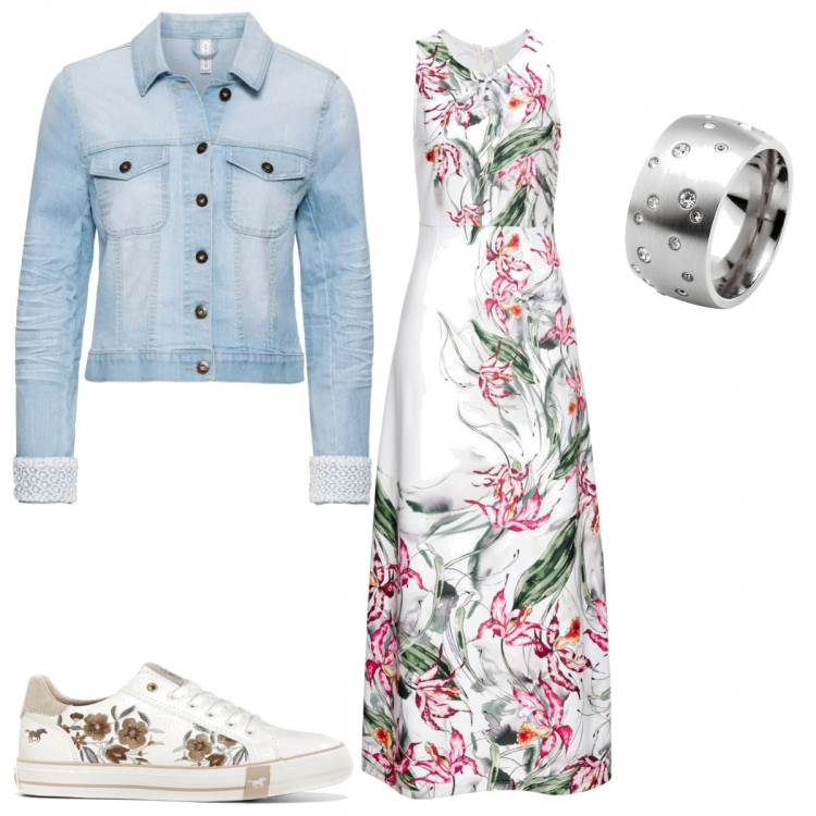Outfit donna - Vestito lungo e sneakers. Stile Trendy per Tutti i giorni. Abbinamento con blazer, vestiti midi/longuette, sneakers, anelli.
