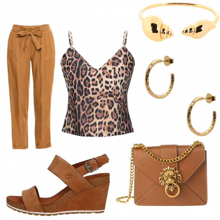Outfit donna - Top maculato. Stile Trendy per Serata fuori. Abbinamento con top, orecchini, braccialetti, shopping bag, sandali, borse a spalla.