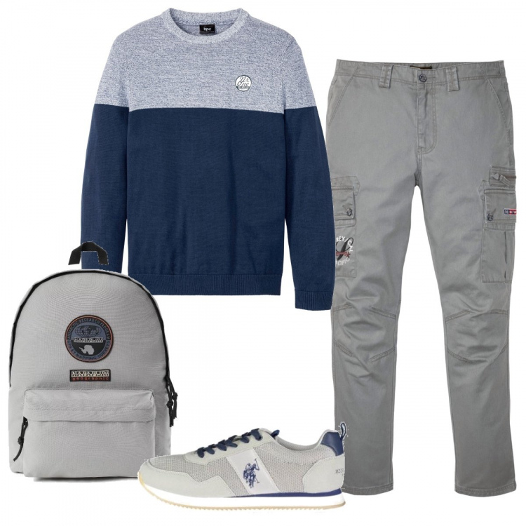 Outfit uomo - Casual #8602. Stile Casual per Tutti i giorni. Abbinamento con t-shirt sportive, pantaloni cargo, scarpa sportiva, zaino.