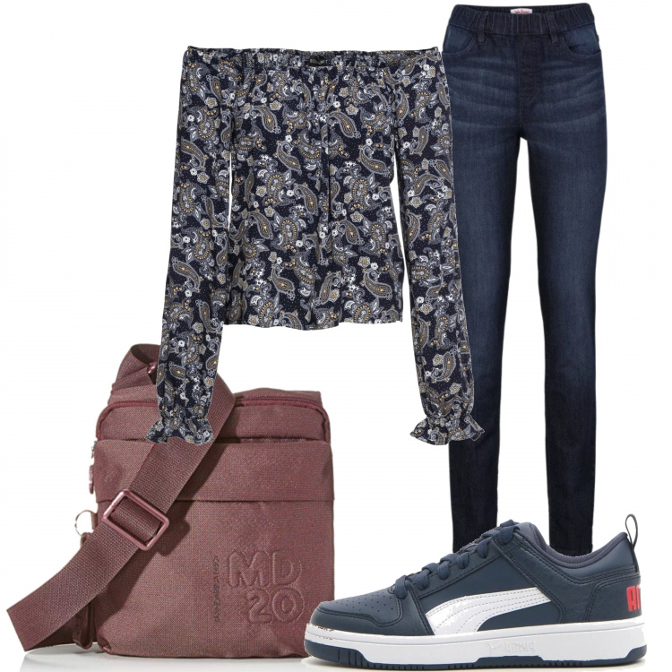 Outfit donna - Trendy #28194. Stile Trendy per Tutti i giorni. Abbinamento con jeggings, blusa, sneakers, borse a tracolla.