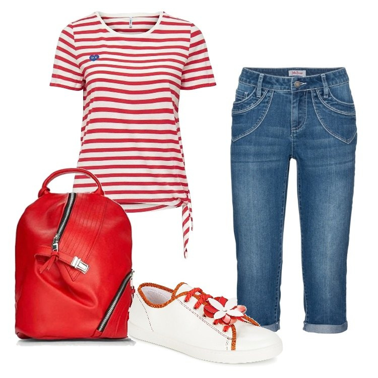 Outfit donna - Scampagnata in famiglia. Stile Basic per Tutti i giorni. Abbinamento con jeans dritti, top, sneakers, zaino.