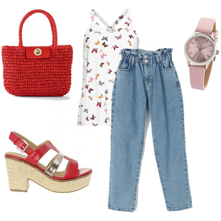 Outfit donna - Primi caldi. Stile Basic per Tutti i giorni. Abbinamento con top, borse a mano, orologi, jeans, sandali.