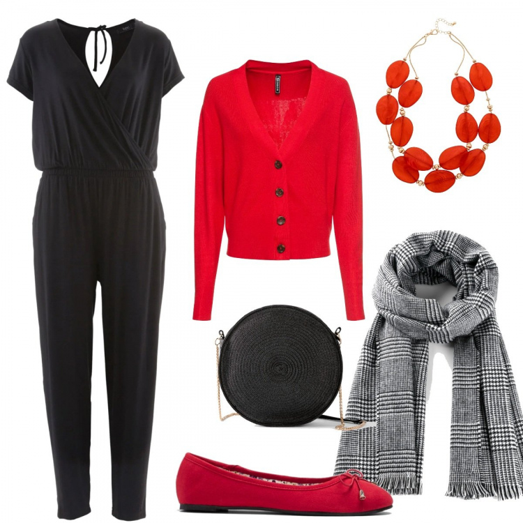 Outfit donna - Jumpsuit comoda e versatile. Stile Trendy per Tutti i giorni. Abbinamento con tute, cardigan, ballerine, collane, sciarpe, borse a spalla.