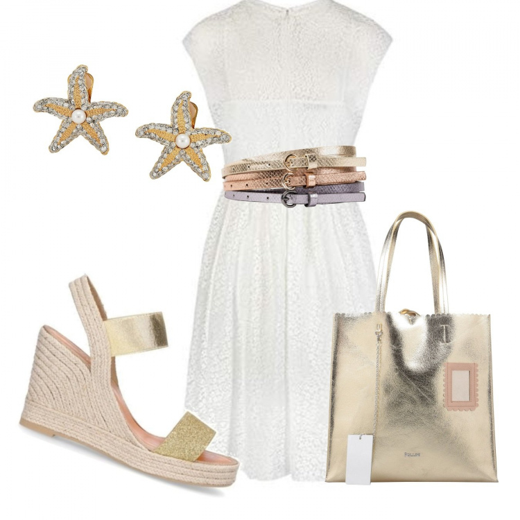 Outfit donna - Trendy #28254. Stile Trendy per Tutti i giorni. Abbinamento con cinture, borse a mano, orecchini, sandali, vestiti.