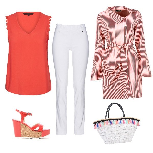 Outfit donna - Basic #1632. Stile Basic per Ufficio. Abbinamento con pantaloni, top loose fit con pizzo senza maniche rosso, sandali, sabot, mules e ciabattine trendy.