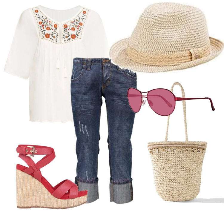 Outfit donna - Pic nic al parco. Stile Basic per Tutti i giorni. Abbinamento con tuniche, borse a mano, sandali, jeans strappati, occhiali da sole, cappelli.