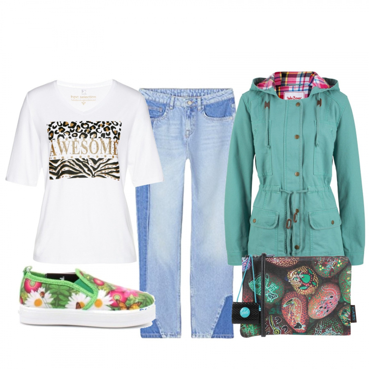 Outfit donna - Basic #17863. Stile Basic per Tutti i giorni. Abbinamento con maglieria, t-shirt, borsa a mano, scarpa, jeans dritti.