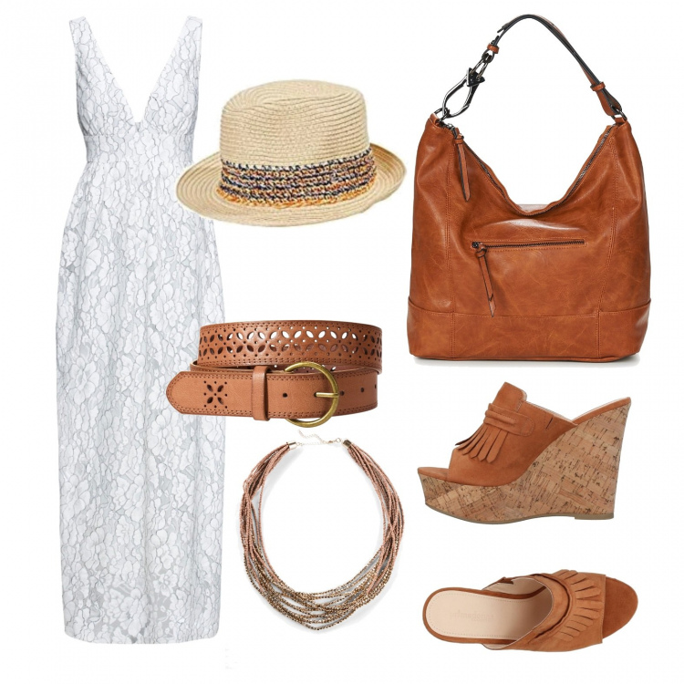 Outfit donna - Neo-hippie. Stile Trendy per Tutti i giorni. Abbinamento con sandali, vestiti midi/longuette, cinture, collane, borsa a spalla, cappelli.