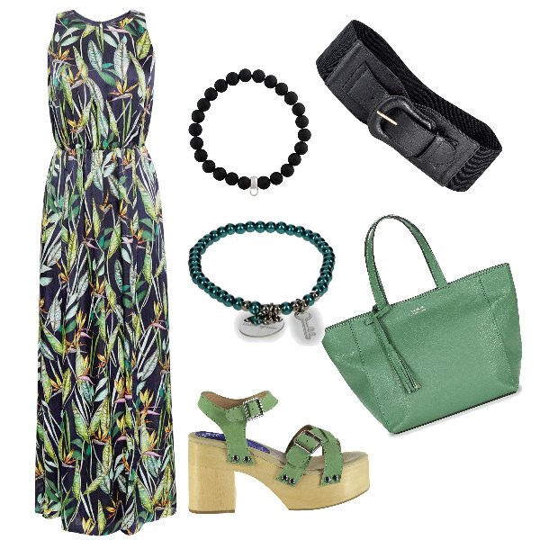 Outfit donna - Abito con cintura. Stile Etnico per Tutti i giorni. Abbinamento con cinture, braccialetti, clutch, vestito, sandali, braccialetti.