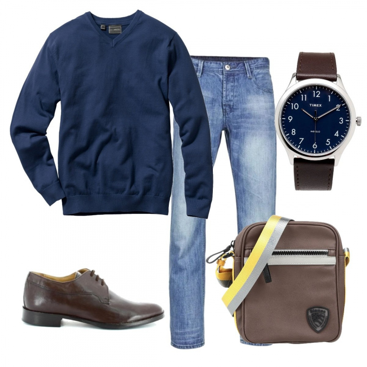 Outfit uomo - Urban. Stile Casual per Tutti i giorni. Abbinamento con maglieria, orologio, borsa a tracolla, scarpe stringate, jeans.
