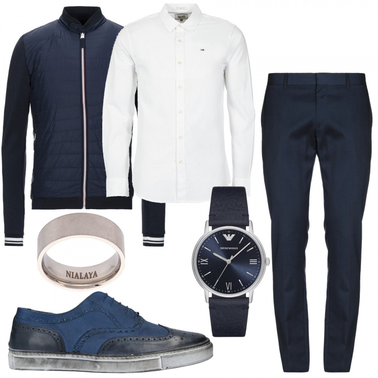 Outfit uomo - Front office. Stile Casual per Ufficio. Abbinamento con pantalone lungo, cappotti, sneakers, camicie, anello, orologi.