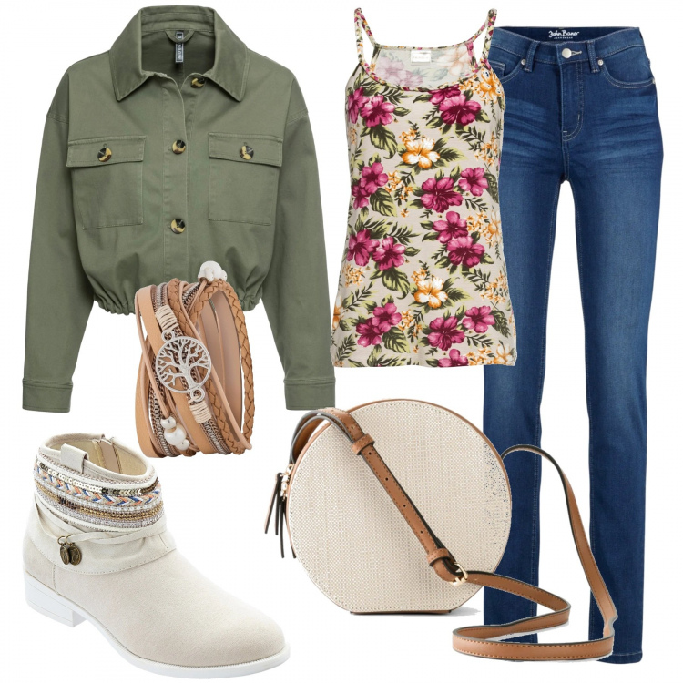 Outfit donna - Tutto BonPrix. Stile Basic per Tutti i giorni. Abbinamento con jeans, braccialetti, top, stivaletti, blazer, borsa a tracolla.