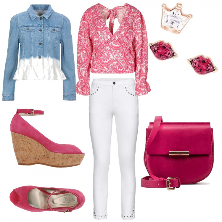 Outfit donna - Orecchini Trendy. Stile Trendy per Tutti i giorni. Abbinamento con pantaloni capri, décolleté, giubbotto, top, orecchini, borse a spalla.