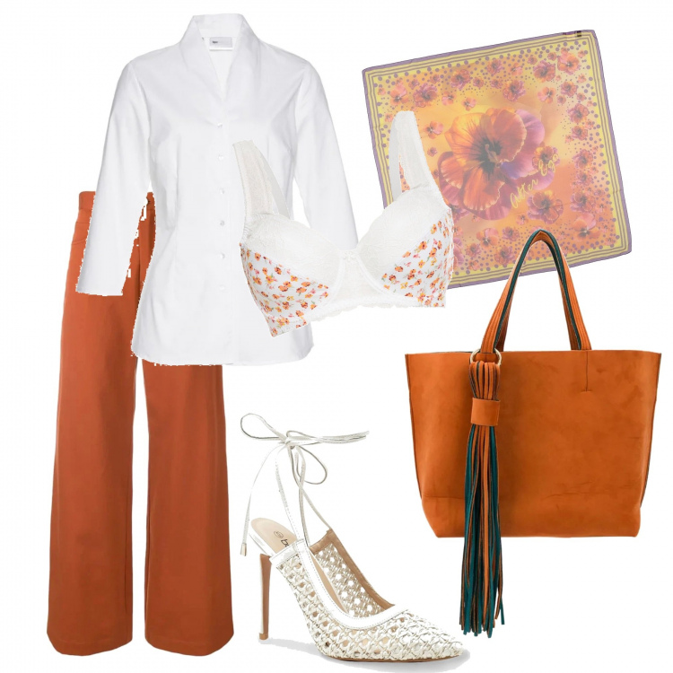 Outfit donna - Pomeriggio in città. Stile Trendy per Tutti i giorni. Abbinamento con camicie, reggiseno, foulard, décolleté, pantalone lungo, borse tote.