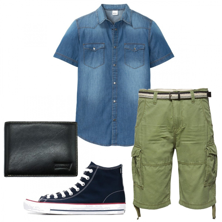 Outfit uomo - Casual #8783. Stile Casual per Tutti i giorni. Abbinamento con camicie a manica corta, sneakers, pantalone corto, portafogli.