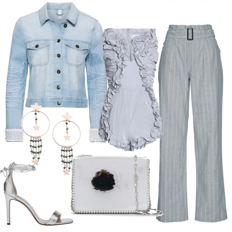 Outfit donna - A Milano in scooter. Stile Urban per Tutti i giorni. Abbinamento con blazer, maglieria, tute, sandali col tacco, orecchini, borse a spalla.