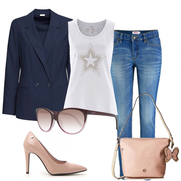 Outfit donna - Colloquio di lavoro. Stile Trendy per Ufficio. Abbinamento con jeans skinny, top, blazer, borse a spalla, décolleté, occhiali da sole.