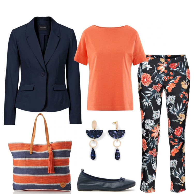 Outfit donna - I pantaloni a fantasia. Stile Basic per Tutti i giorni. Abbinamento con pantaloni, blazer, orecchini, t-shirt, borsa tote, ballerine.