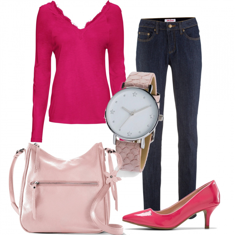 Outfit donna - Più rosa in ufficio. Stile Urban per Ufficio. Abbinamento con jeans skinny, maglia, décolleté, borse a spalla, orologio.