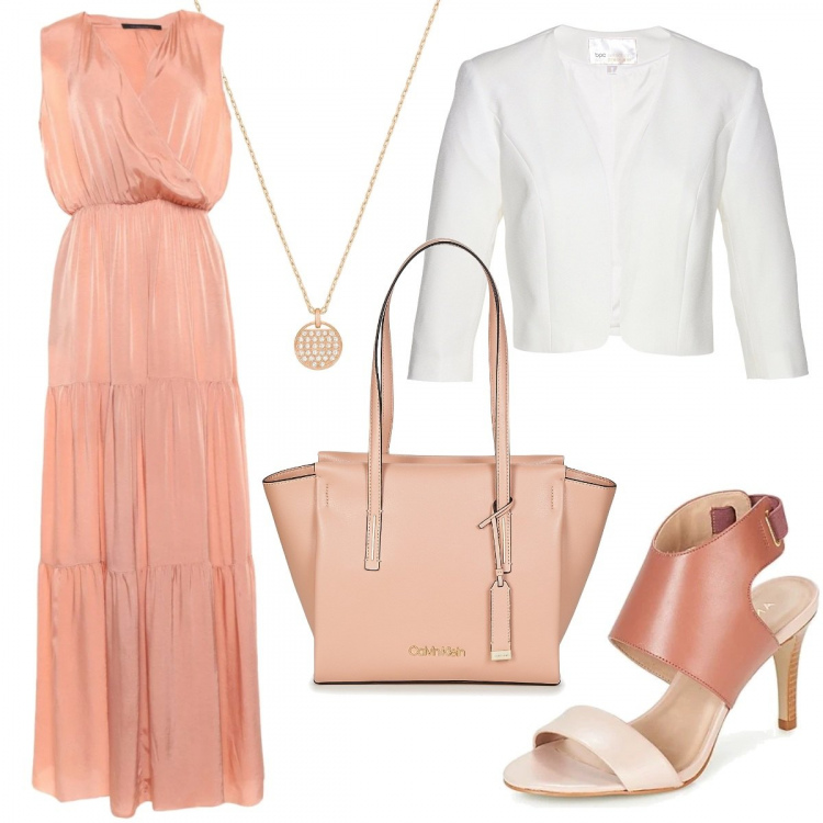 Outfit donna - Abito lungo per il giorno. Stile Chic per Cerimonia. Abbinamento con vestiti lunghi, maglieria, shopping bag, sandali, ciondoli.
