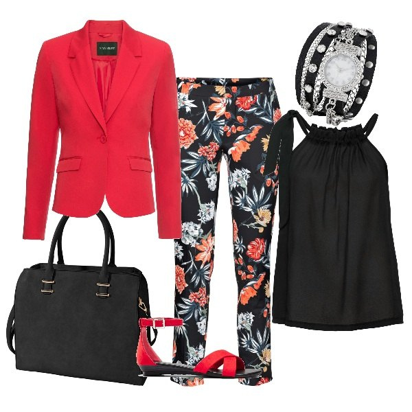 Outfit donna - Coi pantaloni a fiori. Stile Trendy per Tutti i giorni. Abbinamento con pantaloni, blazer, top, maglieria, orologio, borse a spalla.