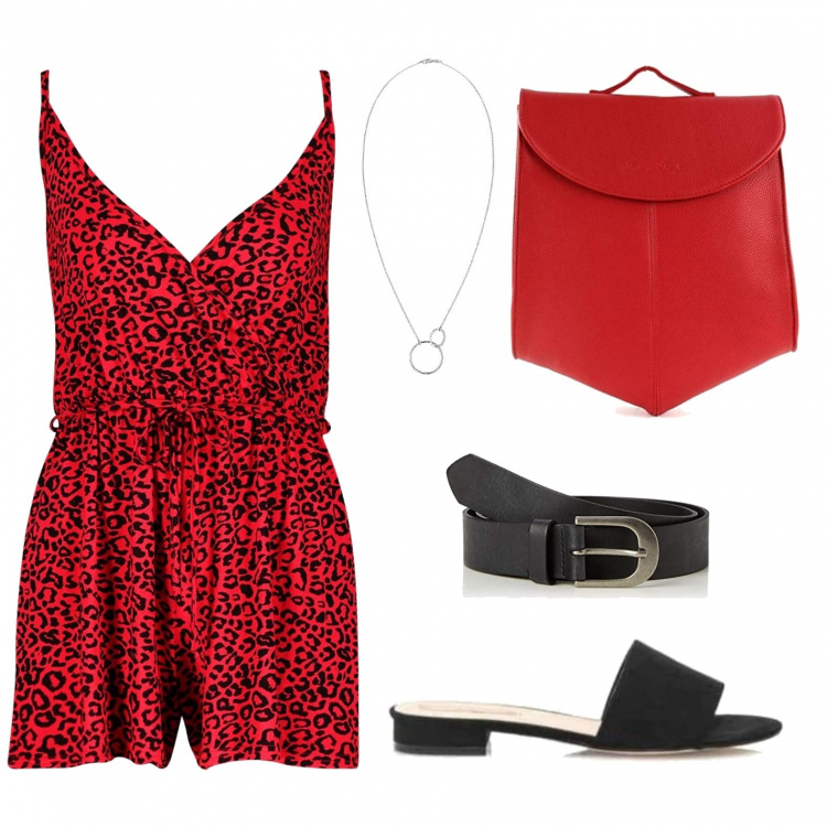 Outfit mujer - Rojo sabana. Estilo Sexy para Noche/Fiesta elegante. Combinación con mochilas, collares, mono corto.
