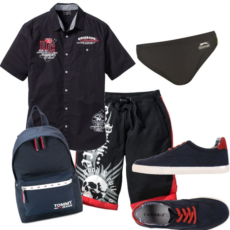 Outfit uomo - Party in piscina. Stile Casual per Mare. Abbinamento con bermuda, camicie a manica corta, sneakers, borse sportive, costume.