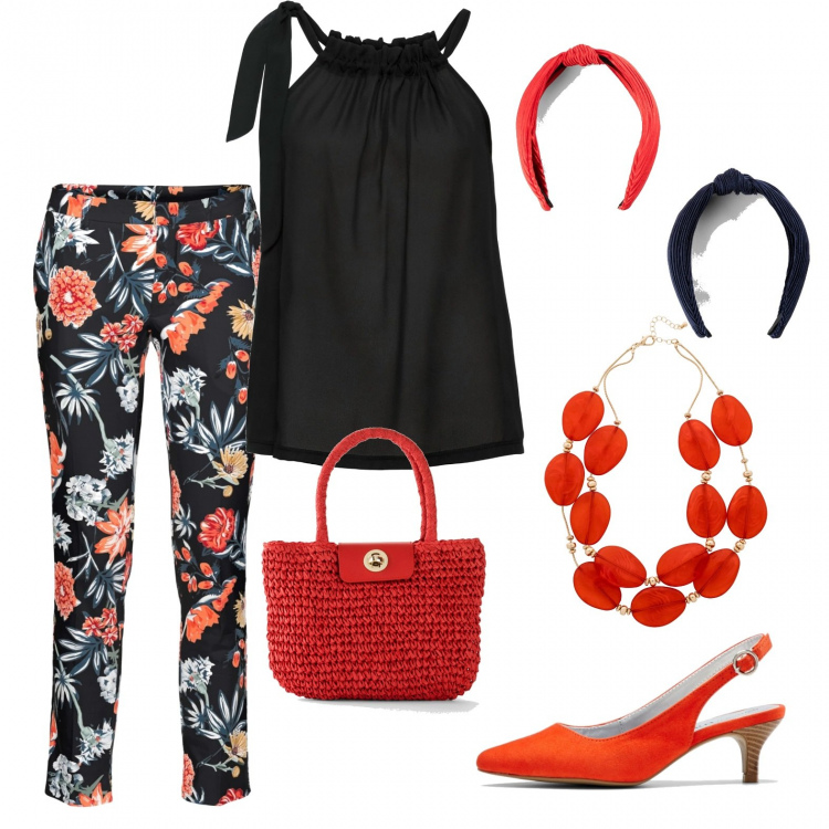 Outfit donna - Passeggiata sul lungo mare. Stile Bon Ton per Serata fuori. Abbinamento con pantaloni, top, décolleté, collane, cerchietti, borse a mano.