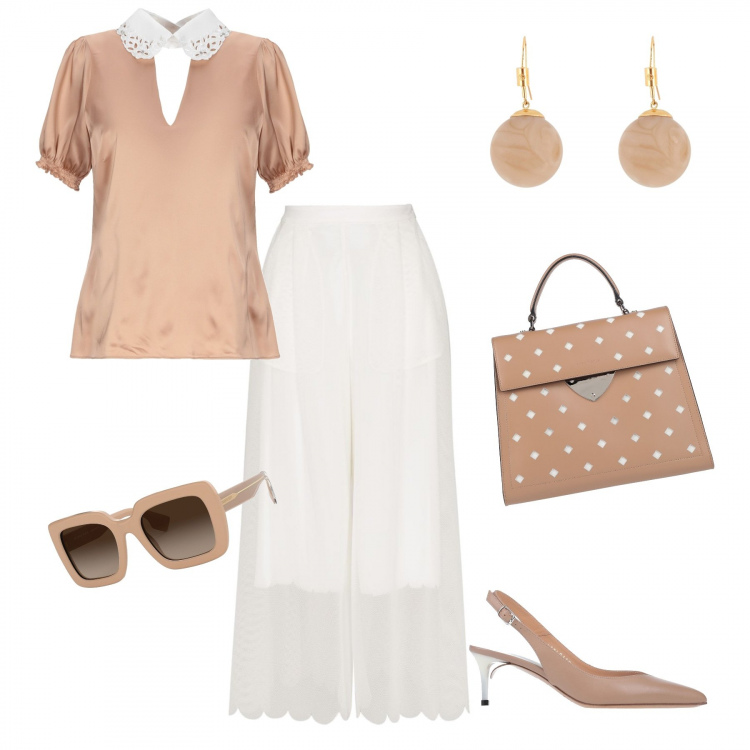 Outfit donna - Camicetta Bon Ton. Stile Bon Ton per Cerimonia. Abbinamento con bluse, borsa a mano, orecchini, décolleté, occhiali da sole, slip culotte.