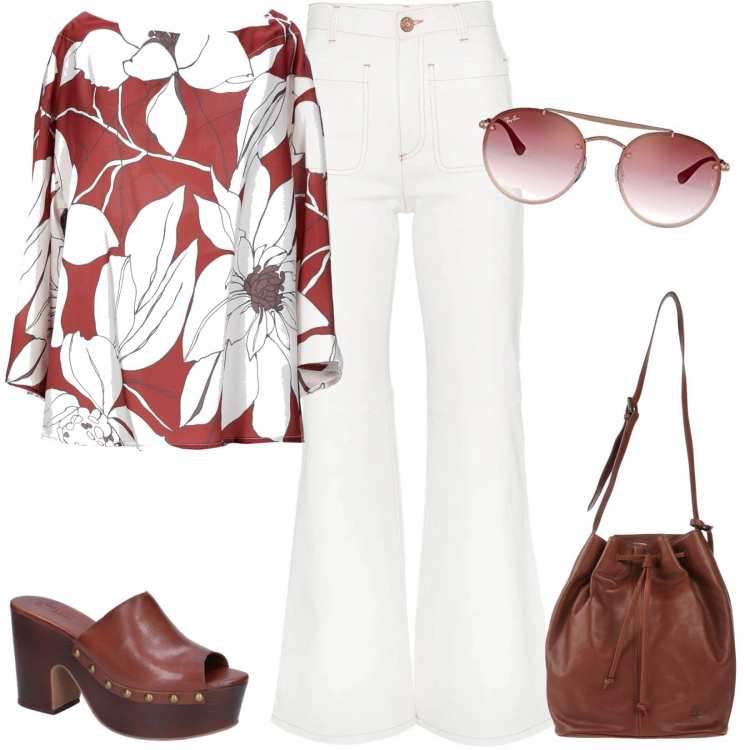 Outfit mujer - Estilo retro. Estilo Trendy para Todos los días. Combinación con gafas de sol, camicia fantasia floreale.