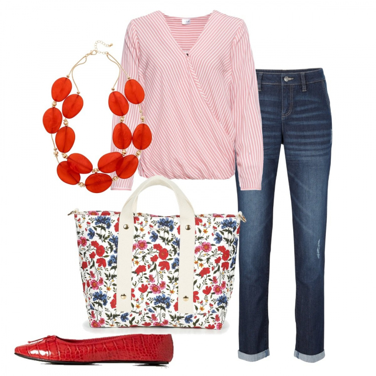 Outfit donna - Romantici fiori sulla borsa. Stile Urban per Tutti i giorni. Abbinamento con jeans boyfriend, bluse, collane, borsa, ballerine.