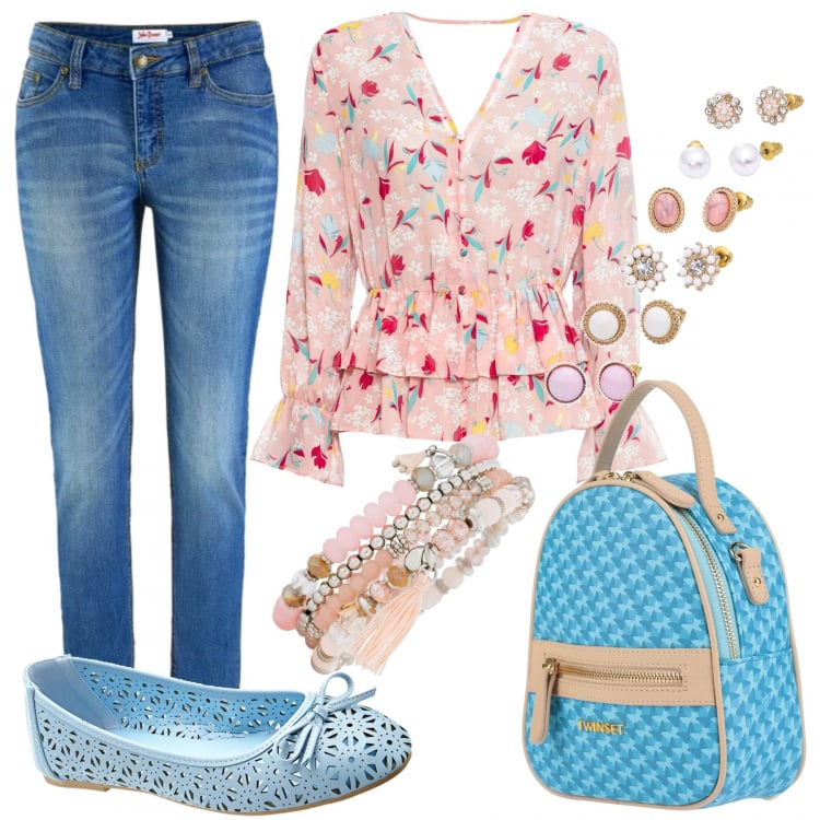 Outfit donna - Zainetto azzurro. Stile Trendy per Ufficio. Abbinamento con jeans skinny, bluse, ballerine, orecchini, braccialetti, zaini.