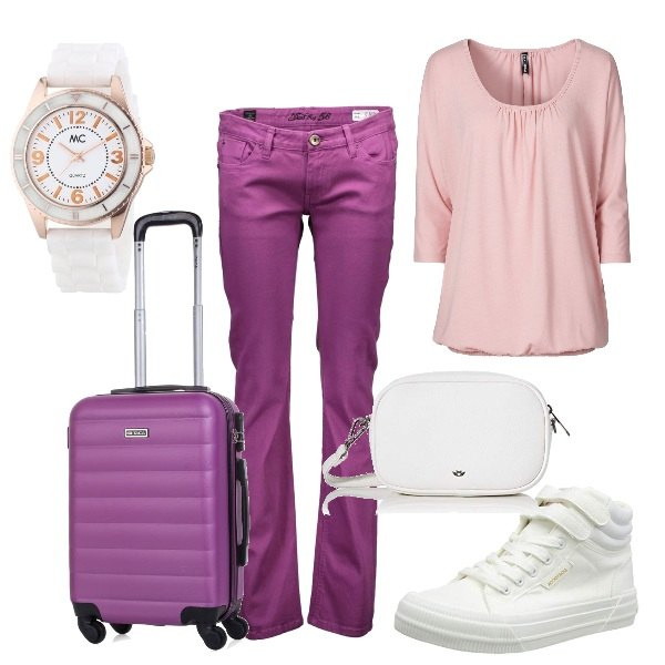 Outfit donna - In viaggio. Stile Basic per Tutti i giorni. Abbinamento con maglieria, jeans skinny, valigia, sneakers, borse a spalla, orologi.
