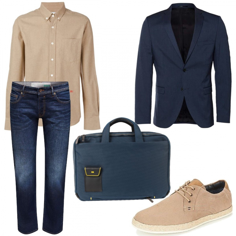 Outfit uomo - In ufficio con il portatile. Stile Casual per Ufficio. Abbinamento con giacche, scarpe stringate, camicia, valigetta, jeans dritti.