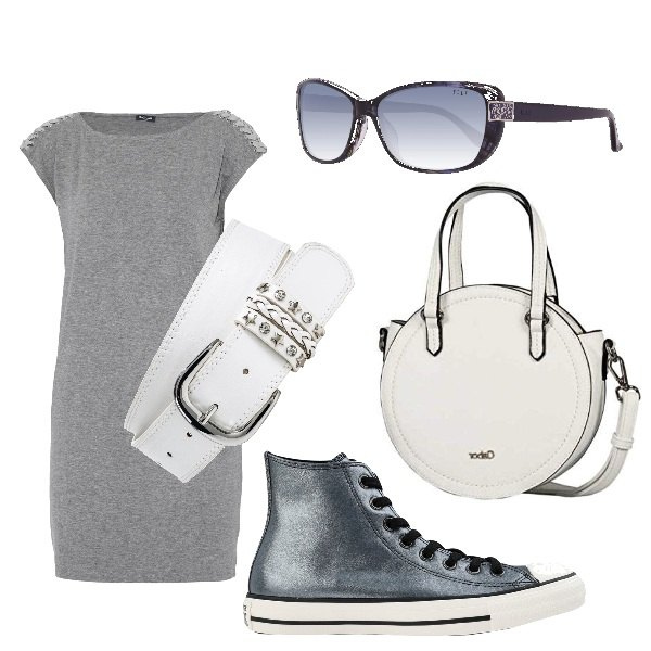 Outfit donna - Basic #18077. Stile Basic Abbinamento con cinture, vestito corto, sneakers alte, borse a spalla, occhiali da sole.