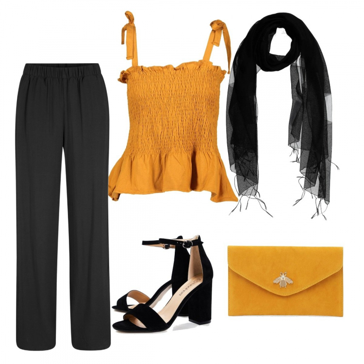 Outfit donna - Nero & senape. Stile Basic per Tutti i giorni. Abbinamento con pantaloni, scaldacollo, top, pochette, scarpe col tacco.