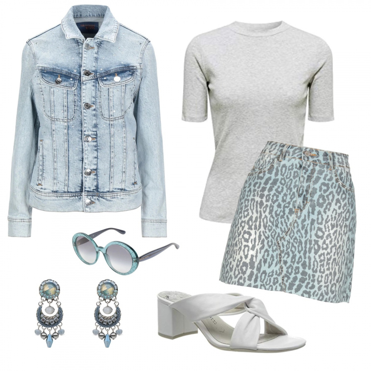 Outfit mujer - Print denim. Estilo Trendy para Todos los días. Combinación con zuecos, camiseta, gonna in denim, blazers, gafas de sol y monturas para gafas graduadas effetto acetato, pendientes.