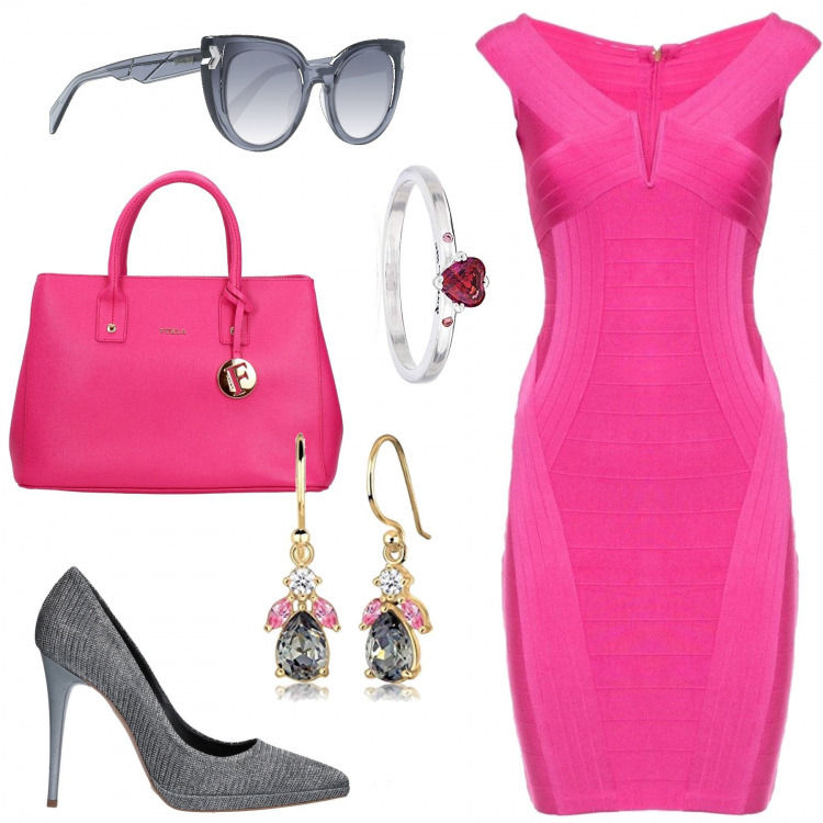 Outfit donna - Passione orecchini. Stile Sexy per Cerimonia. Abbinamento con décolleté, borsa a mano, vestiti, occhiali da sole, anelli, orecchini.