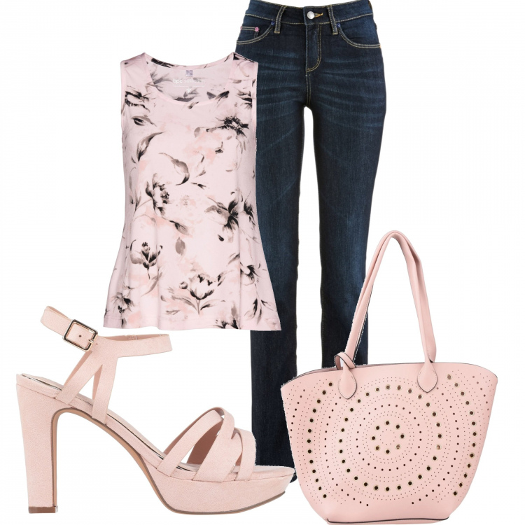 Outfit donna - Trendy #28664. Stile Trendy per Tutti i giorni. Abbinamento con jeans dritti, top, sandali con tacco, borsa a mano.