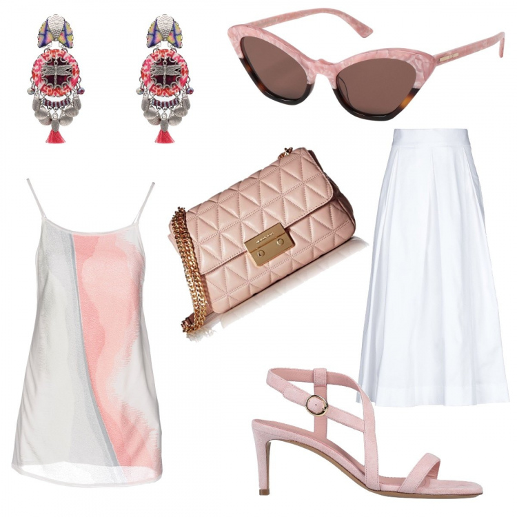 Outfit mujer - Pendientes + gafas de sol. Estilo Bon Ton para Noche/Fiesta elegante. Combinación con bolso shopper, falda longuette, stiletti, gafas de sol, top, pendientes.