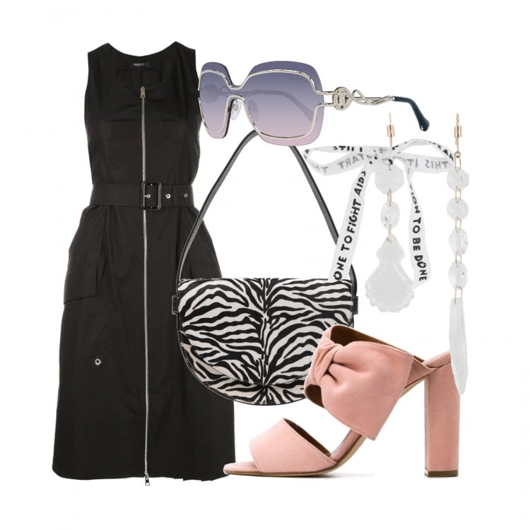 Outfit donna - Orecchini + occhiali sa sole. Stile Chic per Tutti i giorni. Abbinamento con orecchini, borsa a mano, vestiti, sandali col tacco, occhiali da sole.